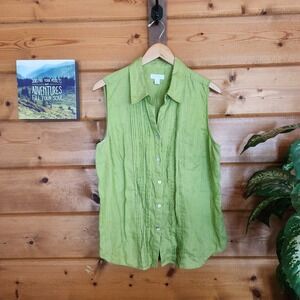 Charter Club Sleeveless Button Shirt Green 100% Linen‎ Pintuck Blouse Plus Sz 16